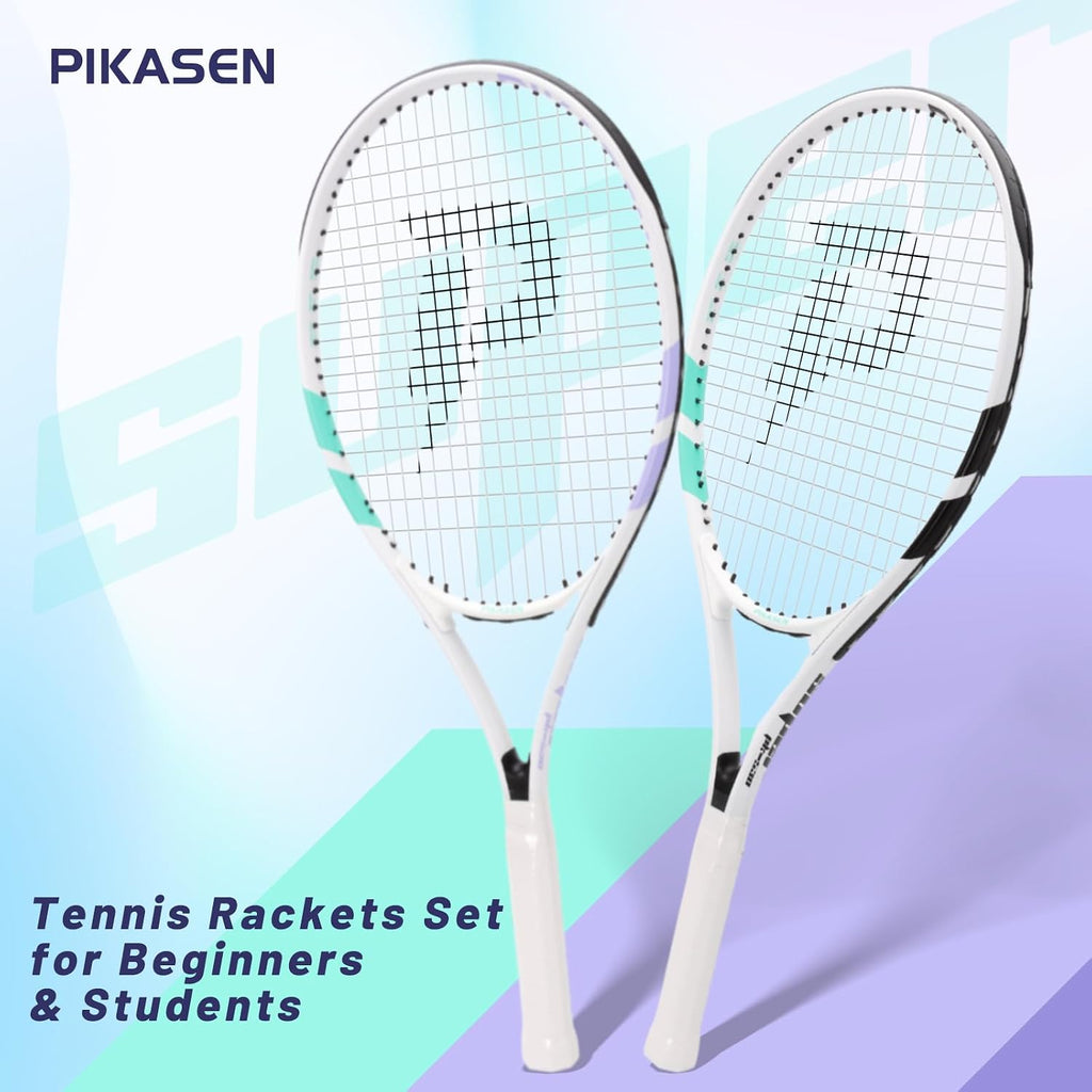 Raquetas de tenis de 27 pulgadas para adultos, juego de 2 raquetas de tenis recreativas con 2 sobregrips y 1 bolsa de tenis. Perfecto para principiantes y estudiantes en entrenamiento