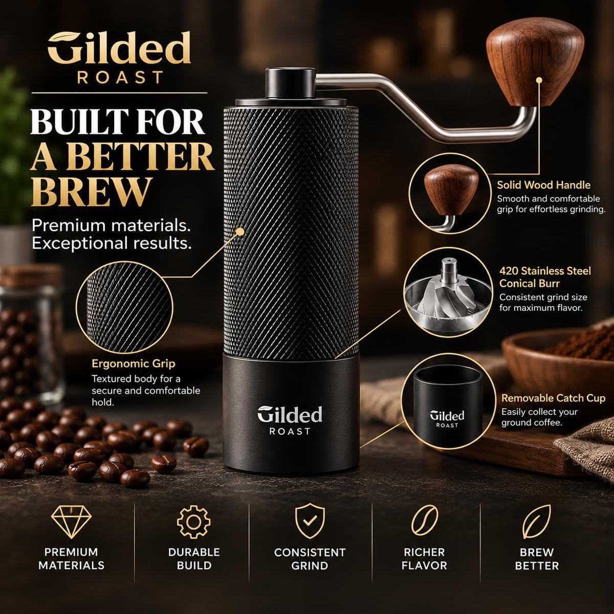 Molinillo de café manual con cepillo de limpieza y tamaño de molienda ajustable, rebabas de acero inoxidable, cuerpo de aleación de aluminio, capacidad de 0.88 oz