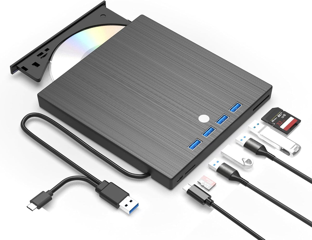 ASHDOL Unidad externa de CD DVD 9 en 1, lector de discos USB 3.0 y...