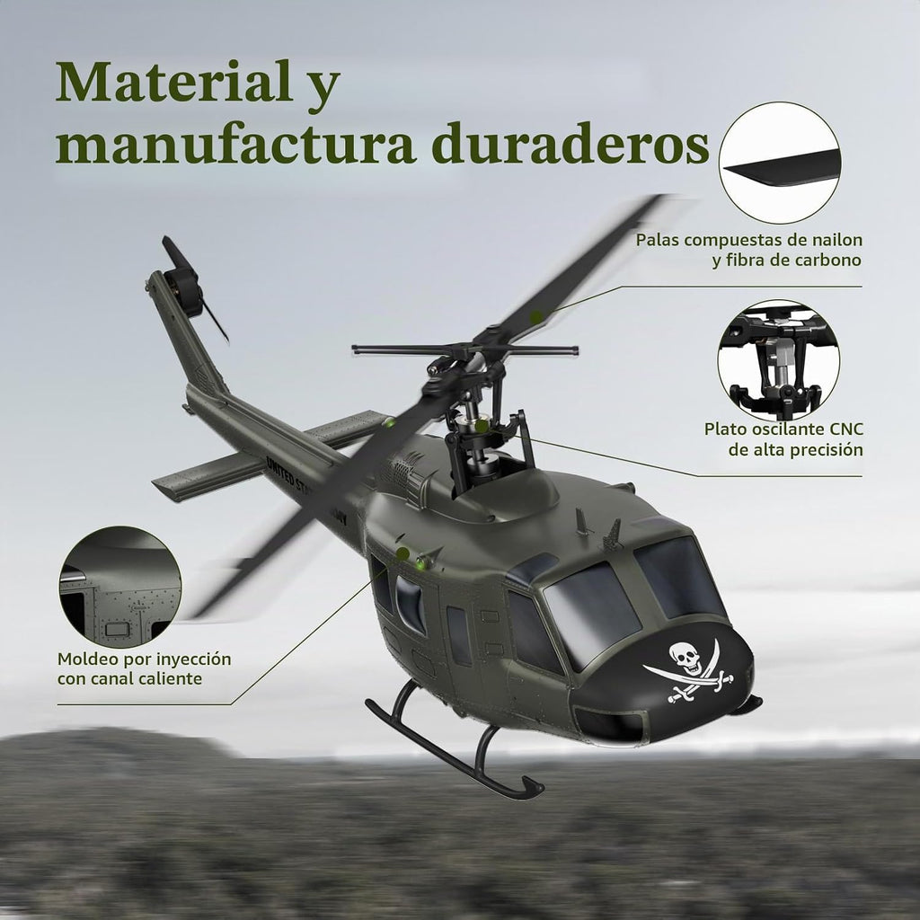 Helicóptero RC UH-1 - Helicóptero de control remoto coleccionable Huey con vuelo estacionario automático para adultos, principiantes, escala 1/27, 2 baterías