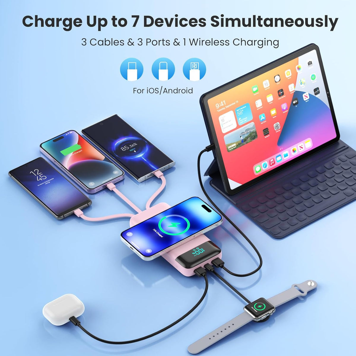 Cargador portátil inalámbrico 40800mAh para iPhone con 3 cables inc...
