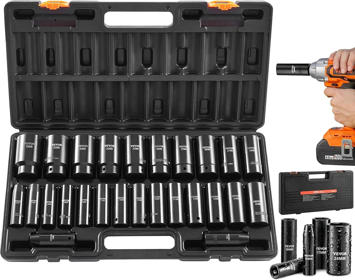 VEVOR Juego de llaves de impacto de 1/2", 26 piezas, métricas de 10 a 1.417