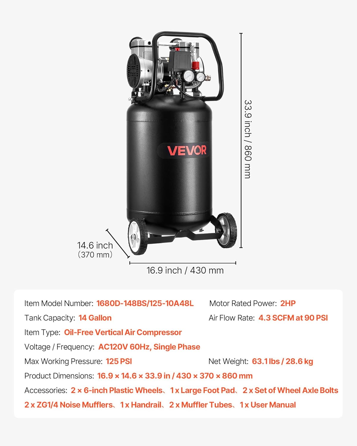 VEVOR Compresor de aire de 14 galones, 2HP 4.3 SCFM a 90PSI, tanque...