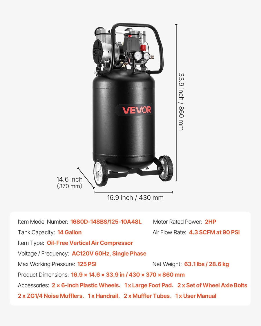 VEVOR Compresor de aire de 14 galones, 2HP 4.3 SCFM a 90PSI, tanque...