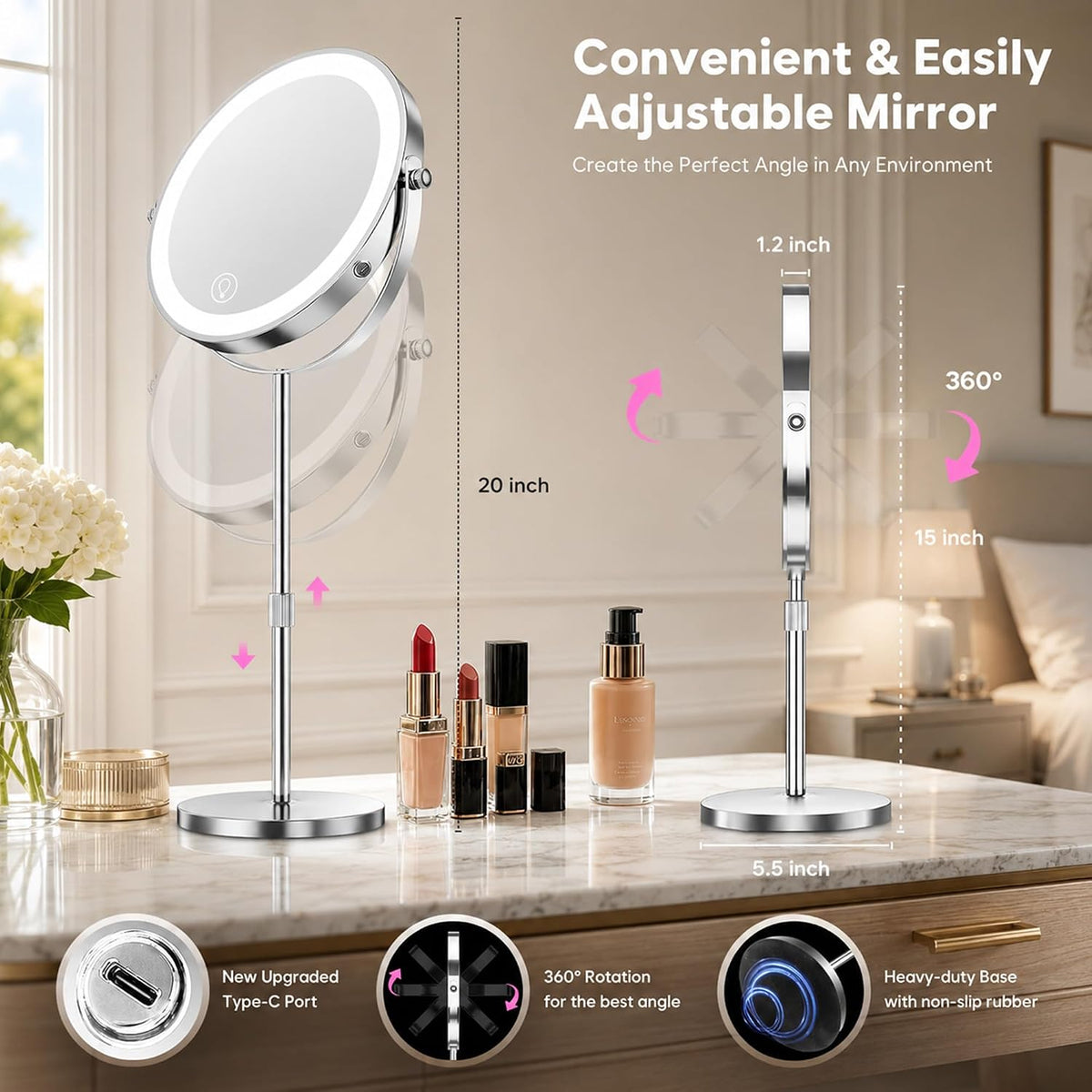 Dienmern Espejo de maquillaje 1X/30X con luces, espejo de tocador con
