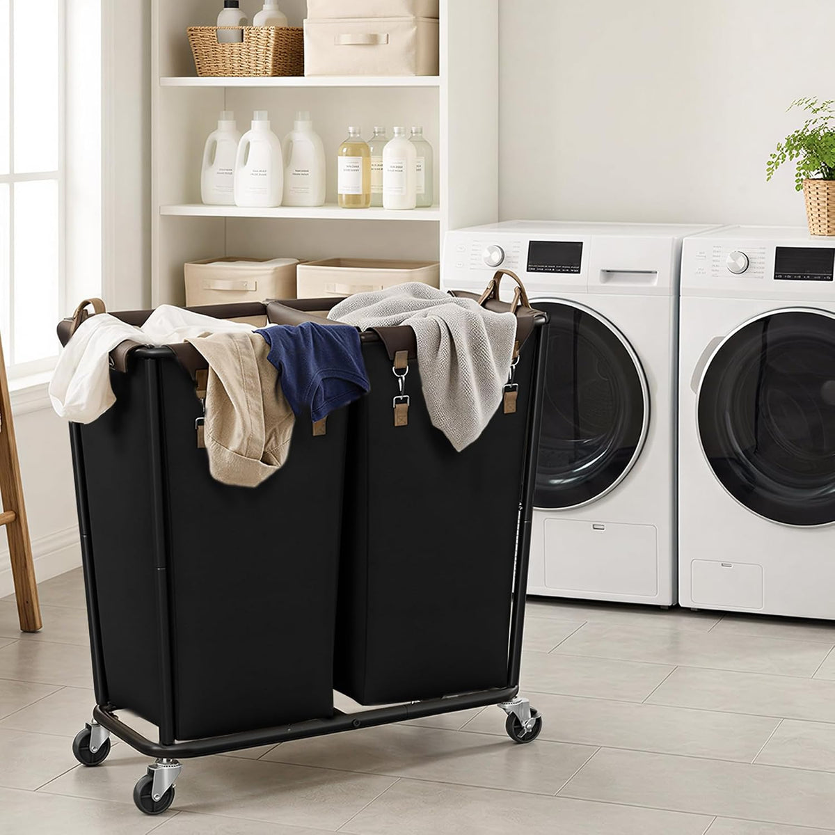 StorageWorks Cesta de lavandería de 2 secciones, carrito rodante negro