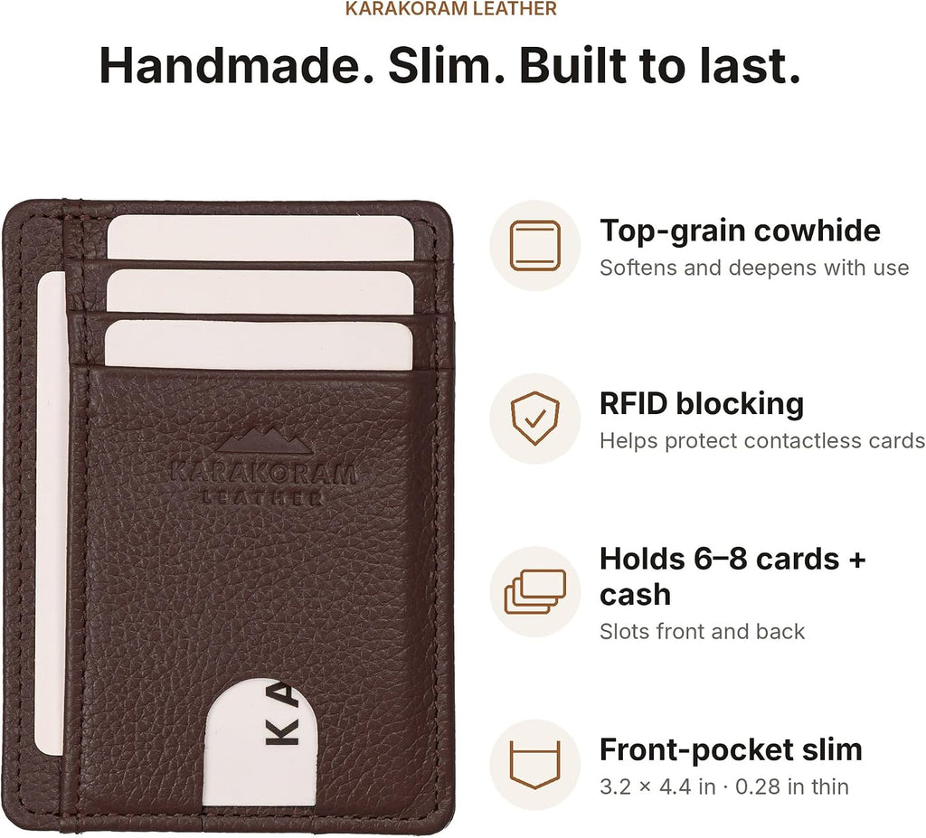 KARAKORAM LEATHER Porta Tarjetas de Crédito para Hombres y Mujeres – Cartera Slim para Bolsillo Frontal con Bloqueo RFID, Hecha a Mano en Piel de Vaca de Primera, Capacidad para 8 Tarjetas + Efectivo, Ranuras de Acceso Rápido, Caja de Regalo (Mountain