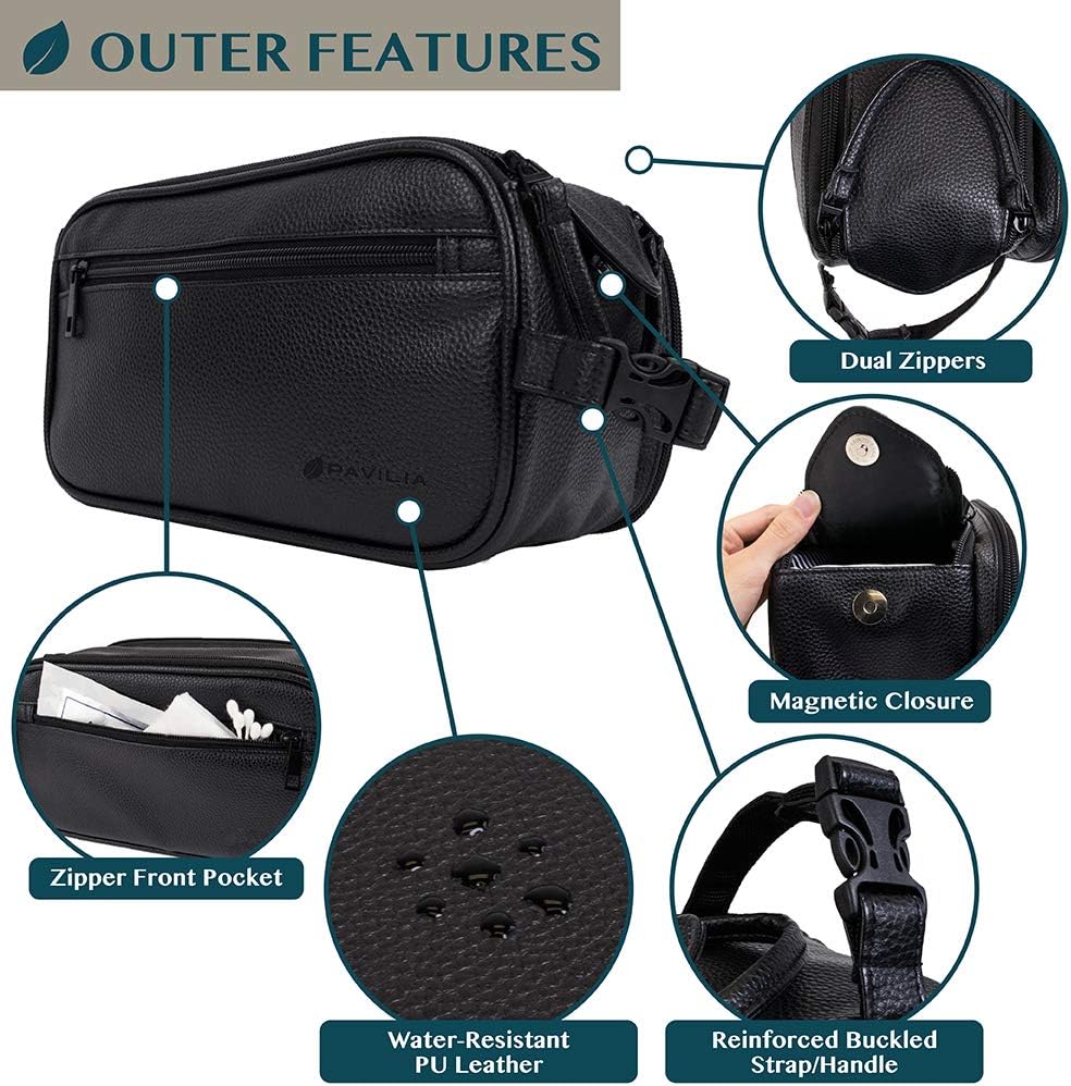 PAVILIA - Neceser para hombre, kit de afeitado para viaje, neceser de viaje para hombres, organizador de artículos de aseo para el cuidado personal, bolsa de cosméticos de cuero sintético resistente