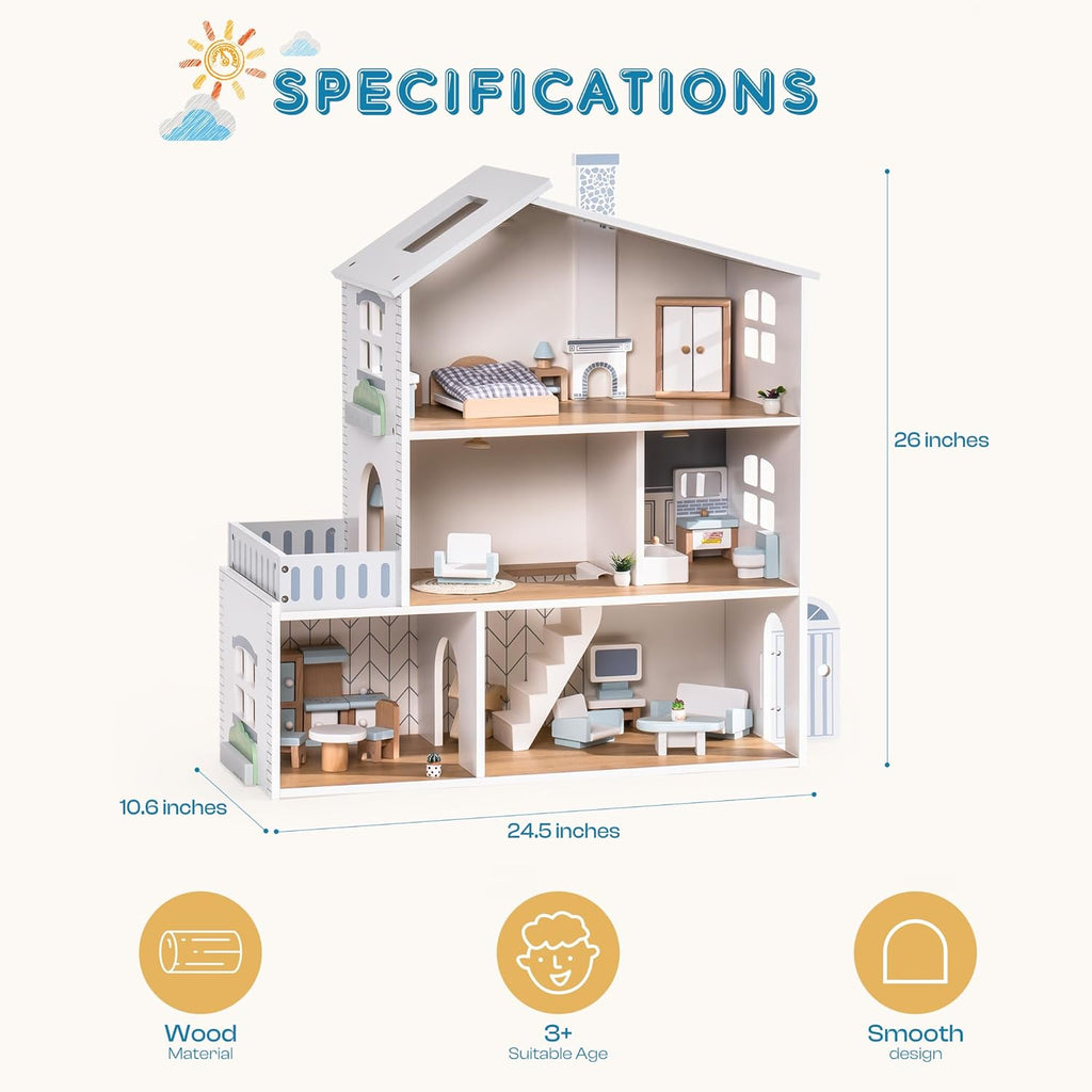 ROBUD Casa de Muñecas, Casa de Muñecas de Madera con 6 Habitaciones, 29 Piezas de Accesorios Realistas, Juego de Casa de Muñecas para Muñecas de 4-6 Pulgadas, Regalos para Niños y Pequeños, Estilo