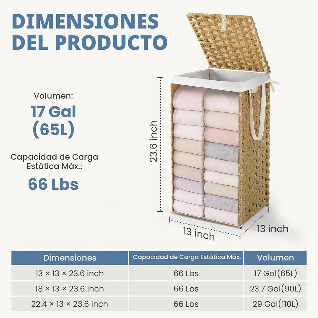 DUMOS Cesta de lavandería con tapa, cestas de mimbre de 65L, color amarillo