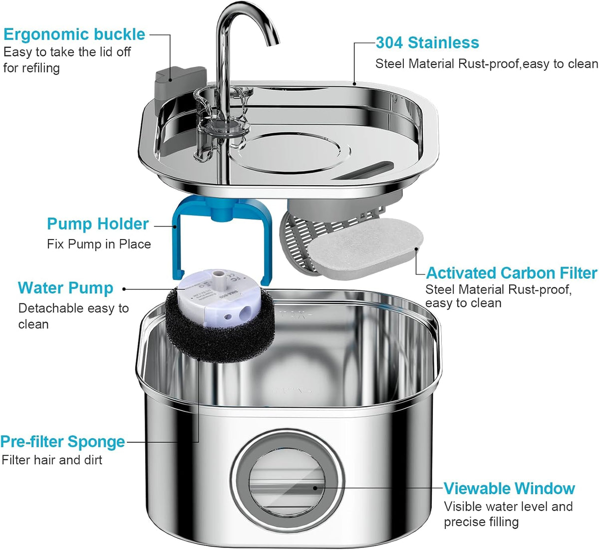 Fuente de agua para gatos de acero inoxidable: fuente automática de agua para mascotas de 108 oz/3.2 L, dispensador de agua para perros con ventana de nivel de agua, para gatos en el