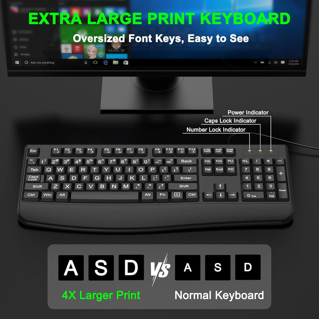 QUASIO Teclado de impresión grande, 2.4 G, ergonómico de tamaño com...
