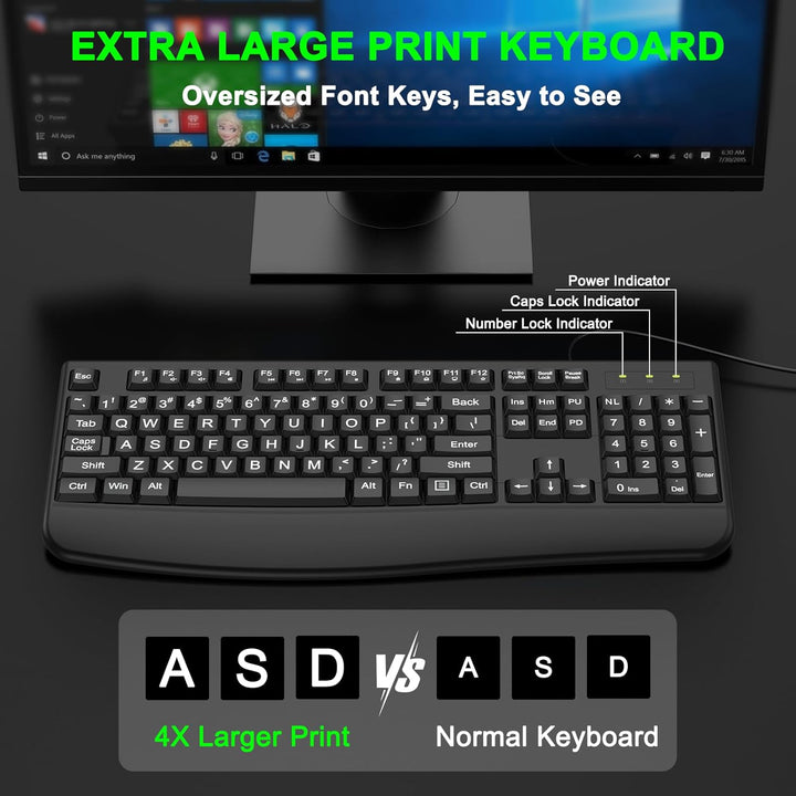 QUASIO Teclado de impresión grande, 2.4 G, ergonómico de tamaño com...