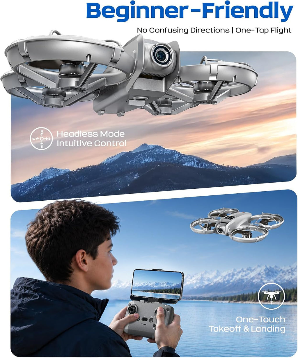 Mini dron con cámara HD FPV, cuadricóptero RC apto para principiantes para adolescentes y adultos, lente de inclinación de 90°, retención de altitud, despegue de una tecla, giros 3D, 3 modos de