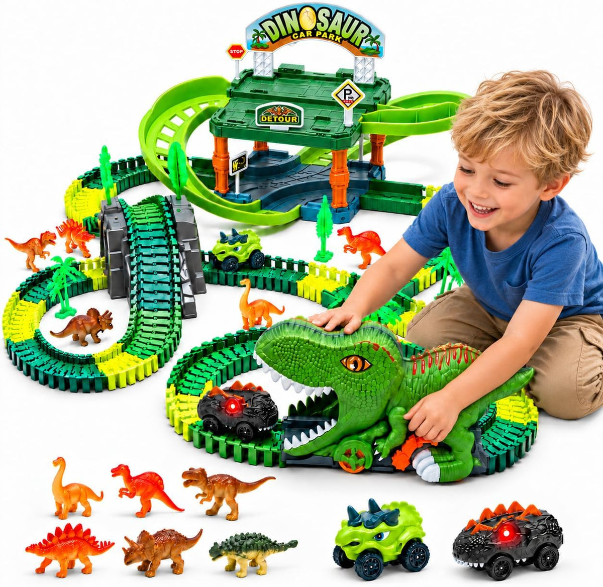 EagleStone Pista de carreras de dinosaurios de 246 piezas con garaje de