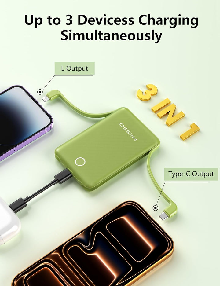 miisso Cargador portátil mini de 10000 mAh con cable incorporado, b...