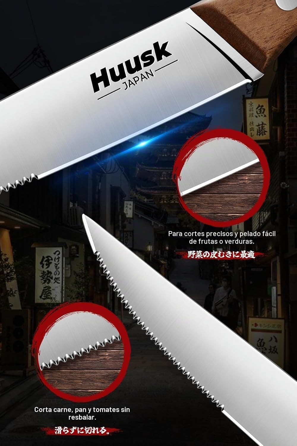 Huusk - Juego de 6 cuchillos para carne con bloque de madera