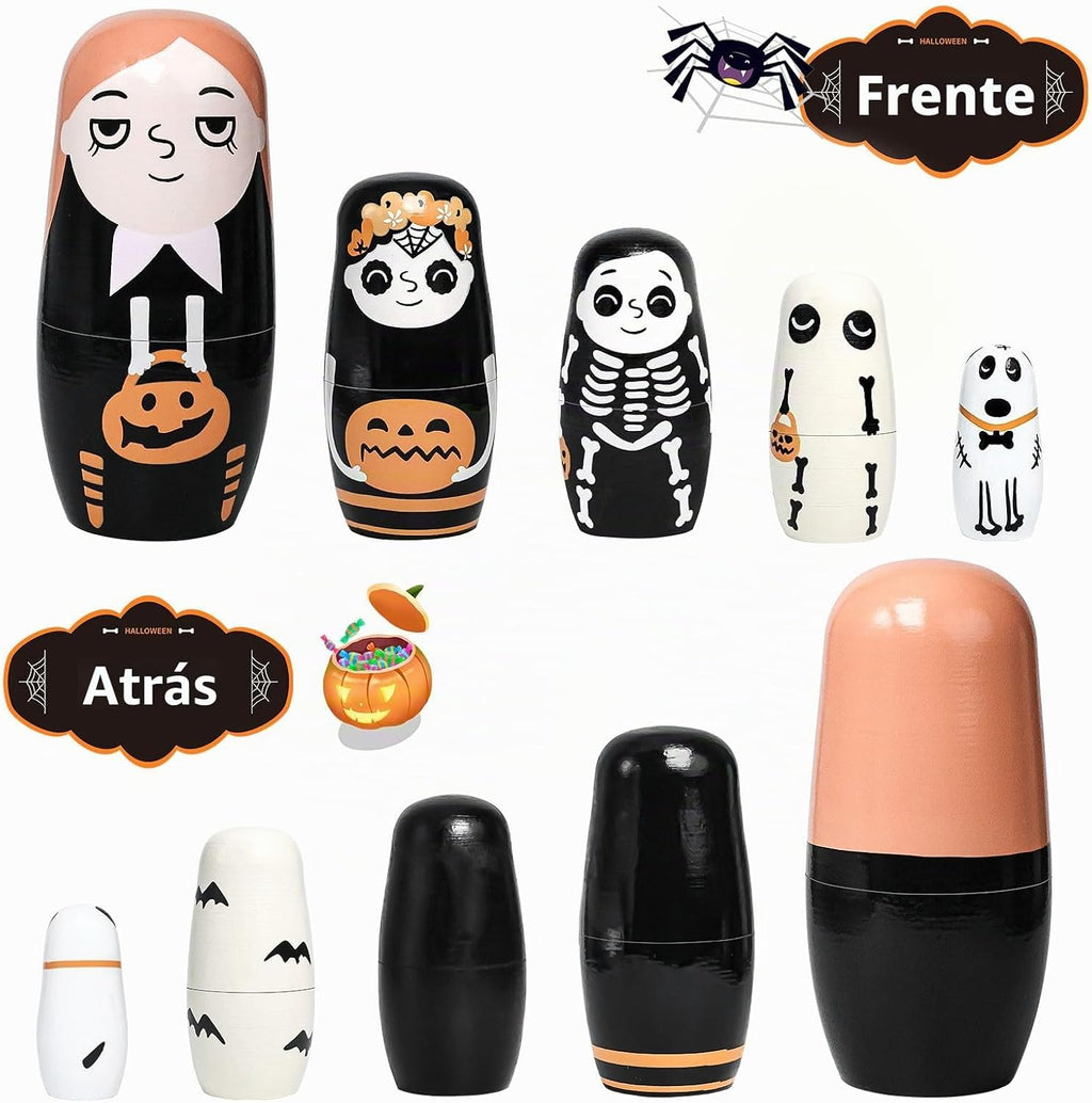 Muñecas anidables de Halloween, 5 muñecas rusas de 6 pulgadas de alto, Matryoshka hechas a mano para niños, juguetes apilables de madera para decoración de fiesta en casa de Halloween (niñas