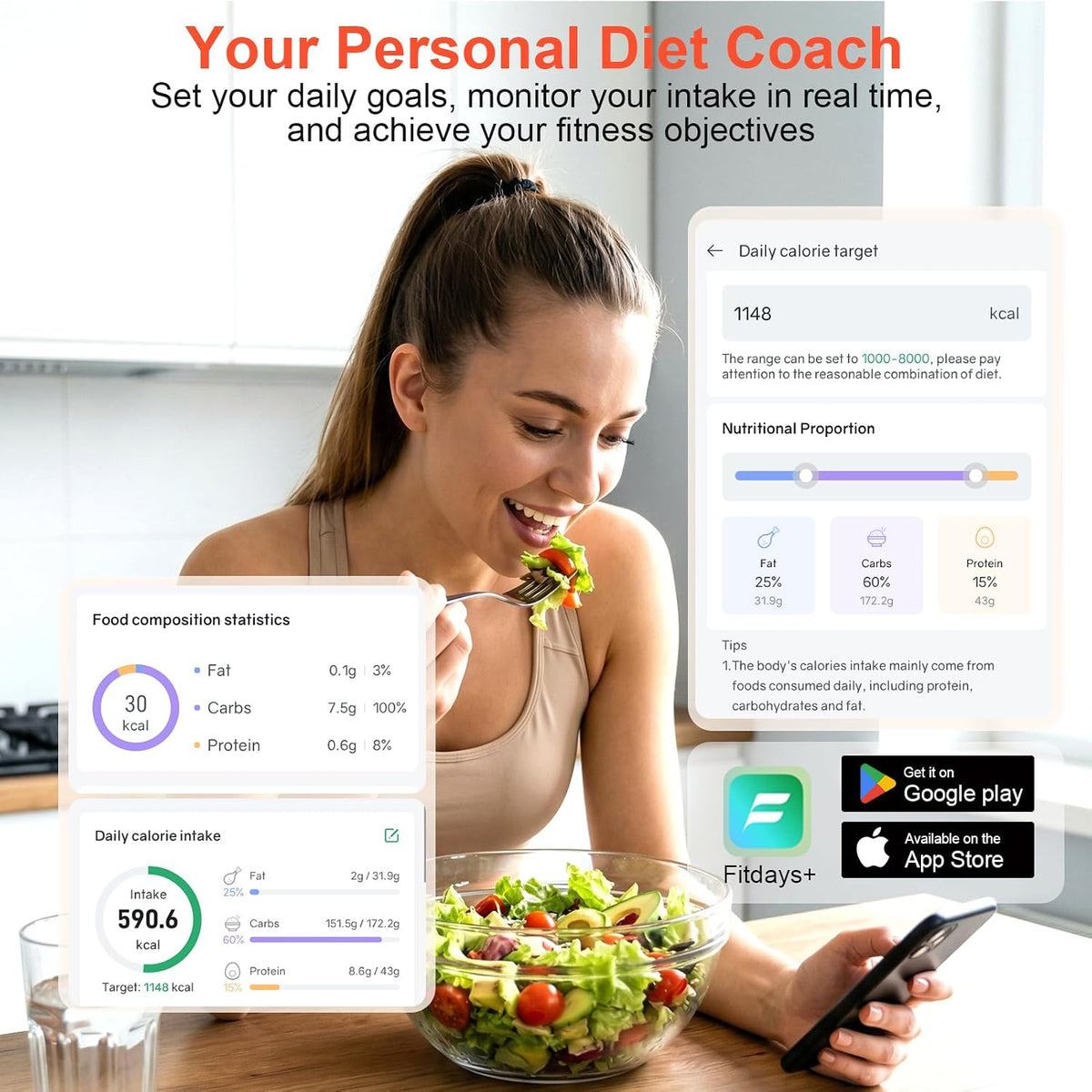 Báscula de Alimentos Inteligente con Calculadora Nutricional, App y Escáner de Barras