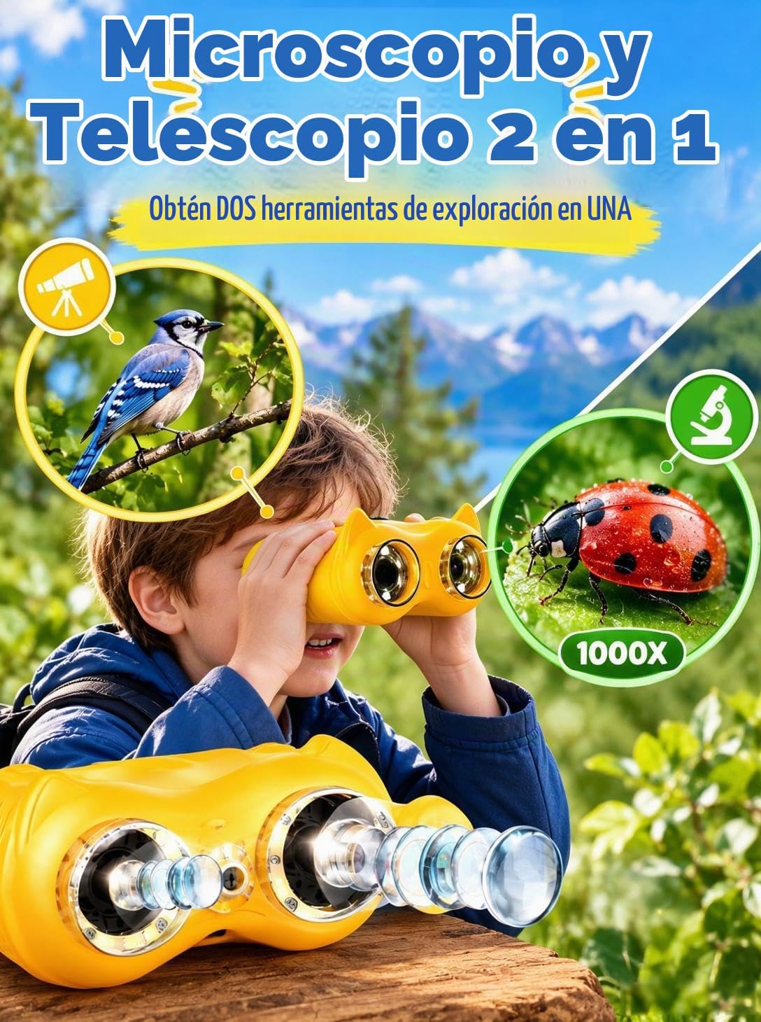 Telescopio de microscopio de mano 2-en-1 para niños, microscopio de