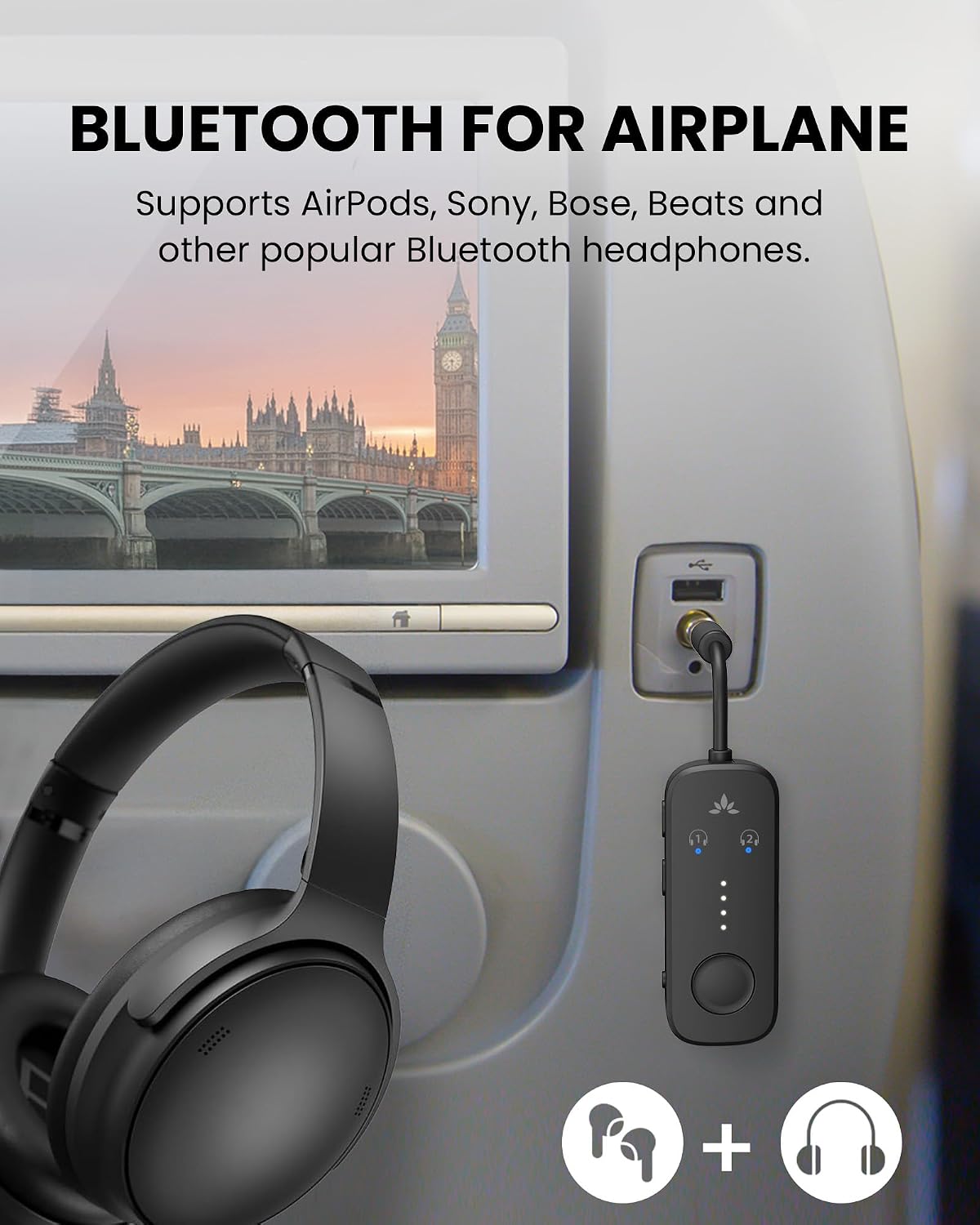 Avantree Relé - Adaptador Bluetooth de avión para 2 AirPods o auriculares