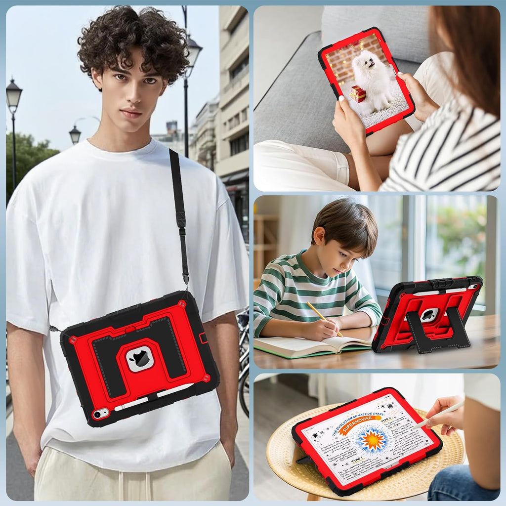 WESOROL Funda para iPad A16 de 11ª generación de 11 pulgadas (2025) iPad de 10.9 pulgadas (2022), funda i Pad A16 de grado militar, a prueba de golpes, con soporte para lápices, correa para el hombro, negro y rojo
