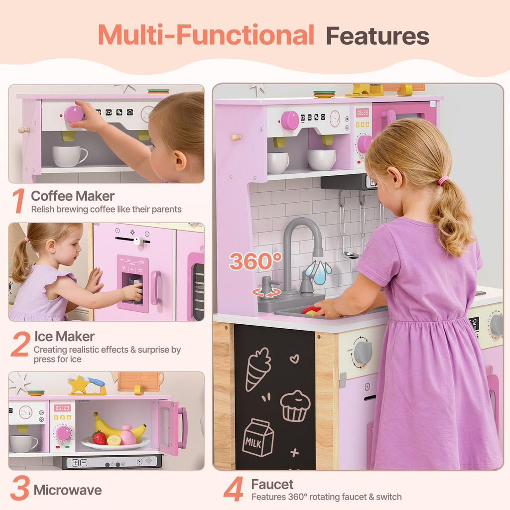 Cocina de madera para niños, altura ajustable, luces reales