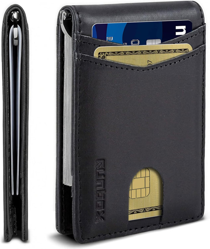 RUNBOX Billetera de cuero genuino para hombre, 12 tarjetas, clip pa...