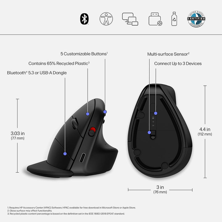 HP 920 - Ratón ergonómico vertical inalámbrico Bluetooth 5.3 y dong...