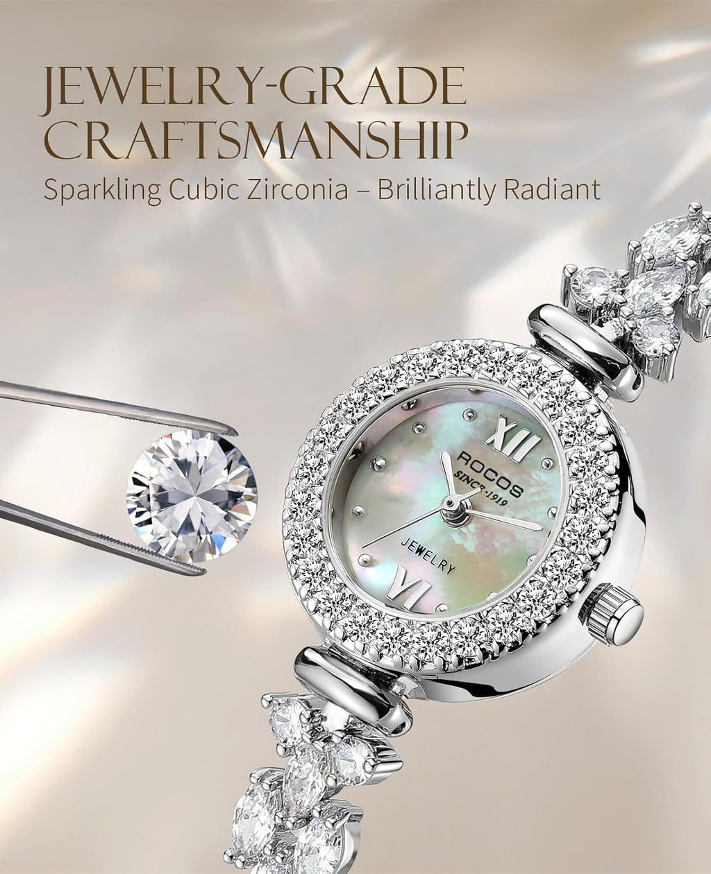 ROCOSJEWE S2020 Reloj de pulsera de lujo con diamantes para mujer, reloj de vestir plateado para mujer, reloj de pulsera de esfera natural con esfera de madreperla pequeña, movimiento de cuarzo, joyería de moda