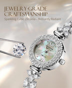 ROCOSJEWE S2020 Reloj de pulsera de lujo con diamantes para mujer, reloj de vestir plateado para mujer, reloj de pulsera de esfera natural con esfera de madreperla pequeña, movimiento de cuarzo, joyería de moda