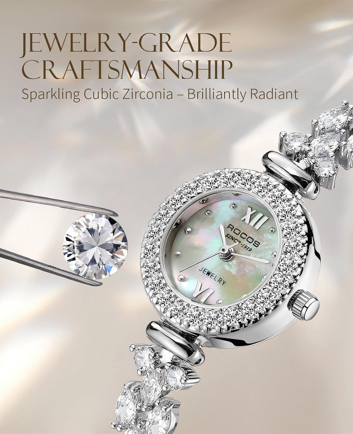 ROCOSJEWE S2020 Reloj de pulsera de lujo con diamantes para mujer, reloj de vestir plateado para mujer, reloj de pulsera de esfera natural con esfera de madreperla pequeña, movimiento de cuarzo, joyería de moda