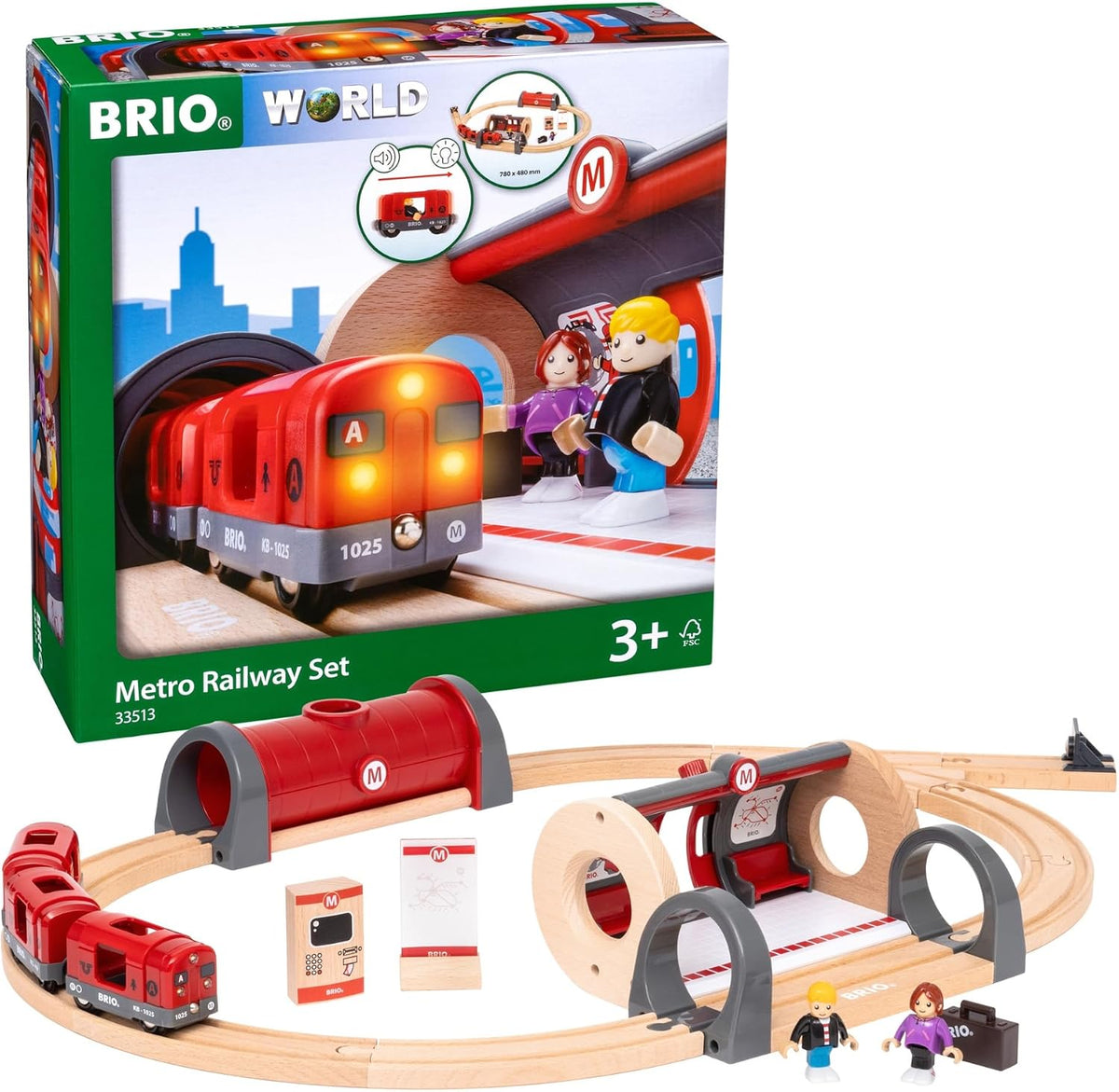 BRIO Metro Railway Set – Juego de 20 piezas de madera con certificación FSC y accesorios – Motor de tren con luz y sonido, quiosco, pistas de madera y más – Funciona con todos los juegos de trenes BRIO – Niños a partir de 3 años