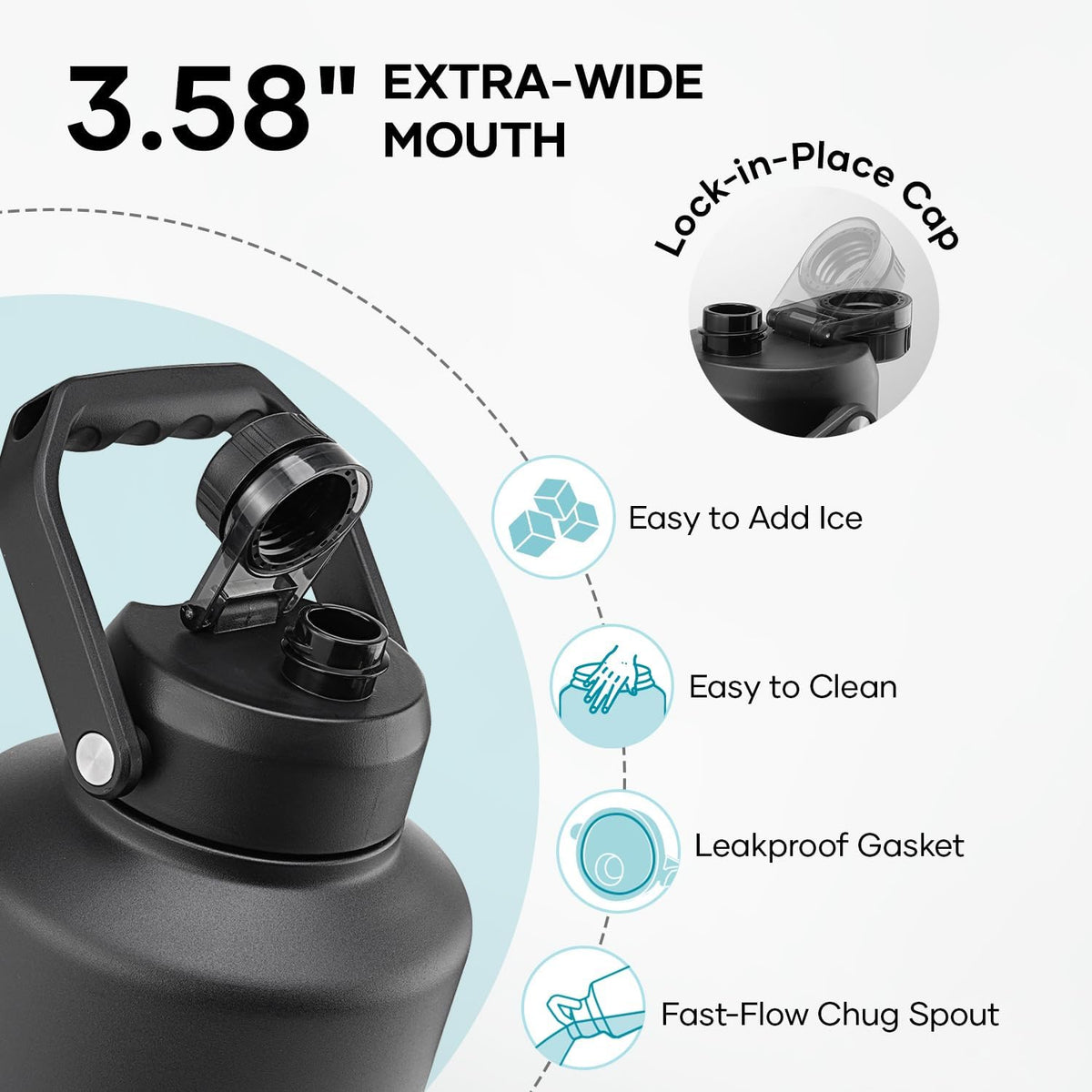 Botella de agua de 1 galón aislada Buzio, (mantiene el agua fría por 48 horas) 3.58 pulgadas de gran boca ancha a prueba de fugas, jarra de agua grande de 128 oz de acero inoxidable con asa de metal