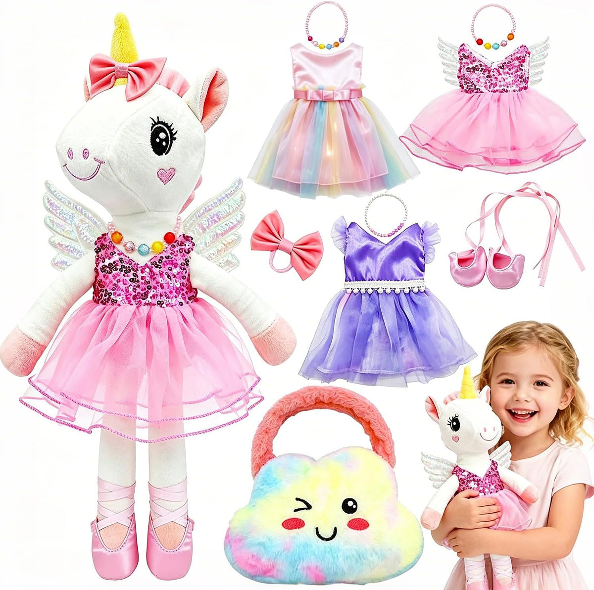 BOLZRA Juguetes de unicornio de bailarina para niñas de 4 a 6 años, juego de muñecas de animales de peluche de unicornio, 3 juegos de muñeca de ballet princesa con bolsa de felpa arcoíris, regalos de unicornios para cumpleaños, cesta de Pascua