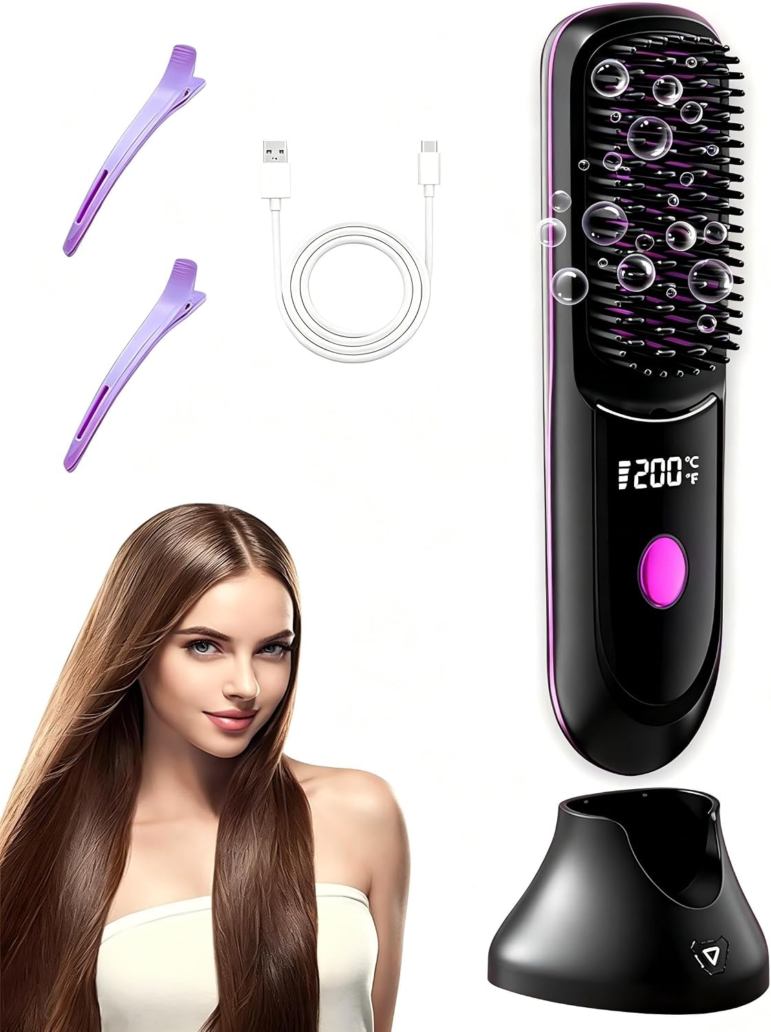 Go Brush Pro - Plancha de pelo inalámbrica con iones negativos, Negro