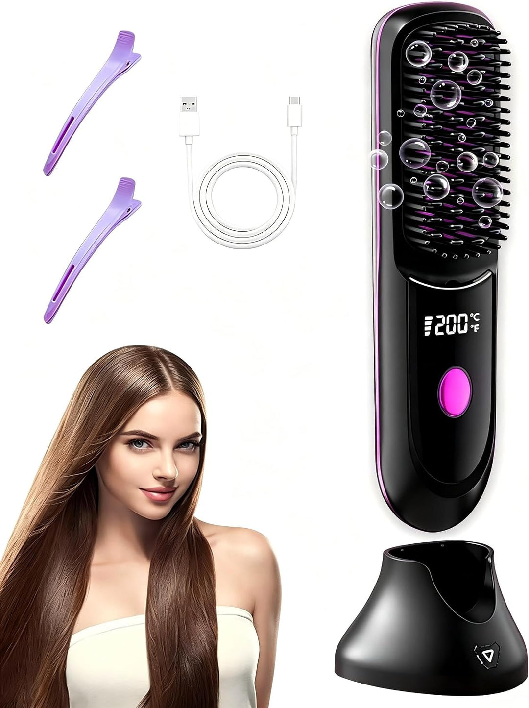 Go Brush Pro - Plancha de pelo inalámbrica con iones negativos, cal...