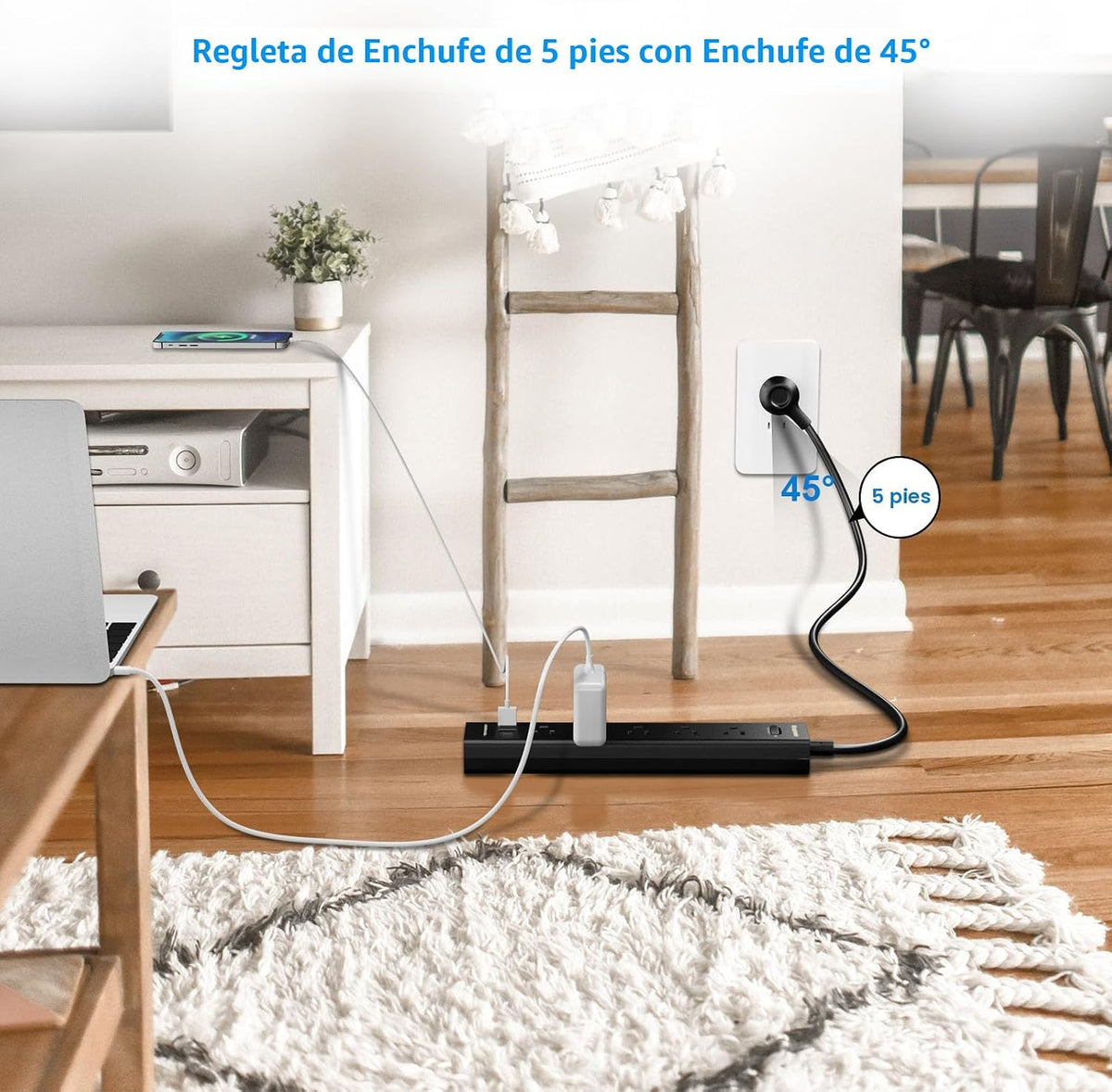 Paquete de 2 Regletas de Enchufes con Protección contra Sobretensiones - 5 Enchufes Ampliamente Espaciados, 3 Puertos USB (1 Puerto USB C), 1250W/10A con Cable de Extensión de 5 Pies, Regletas de