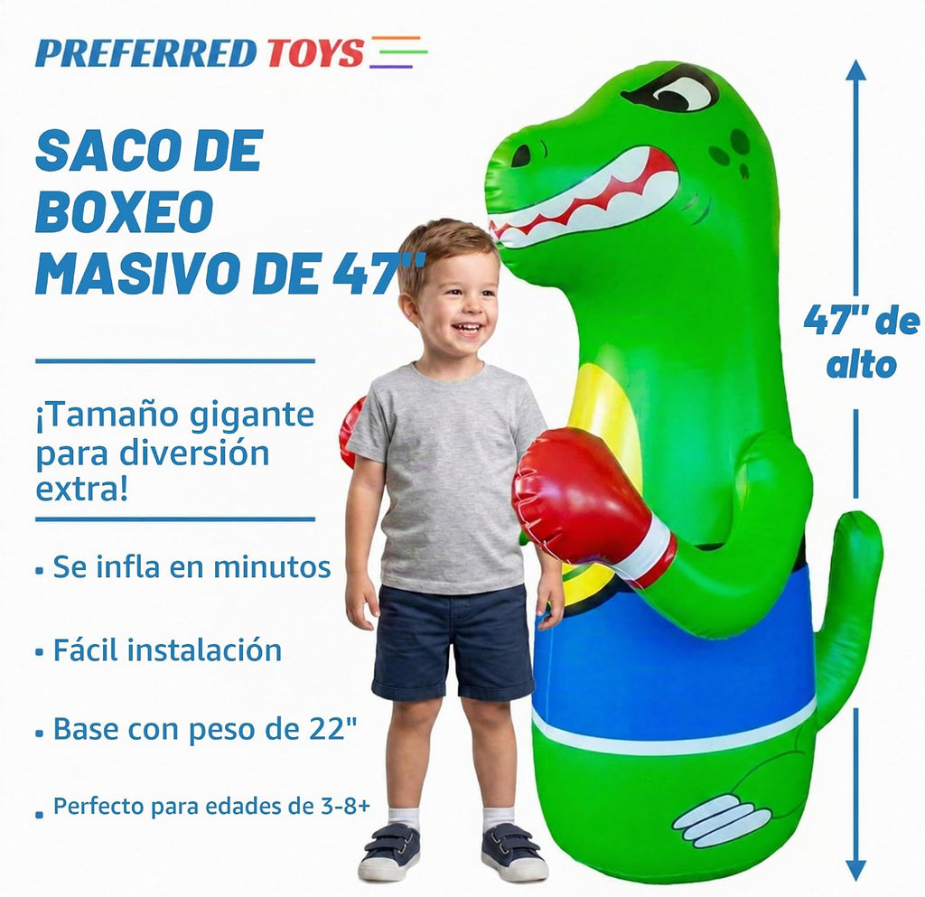 Saco de boxeo inflable de dinosaurio de Preferred Toys para niños – Bolsa Bop para niños pequeños y niños de 3 a 14 años – Juguetes de 47" inflables con acción de rebote – Llene la base con arena o