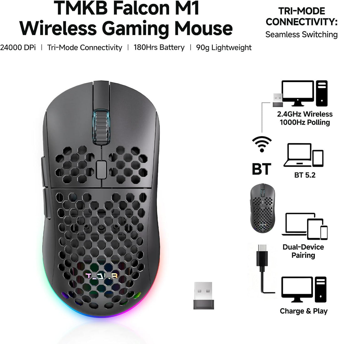 TMKB - Mouse inalámbrico para juegos, sensor óptico de 24000 DPI, b...