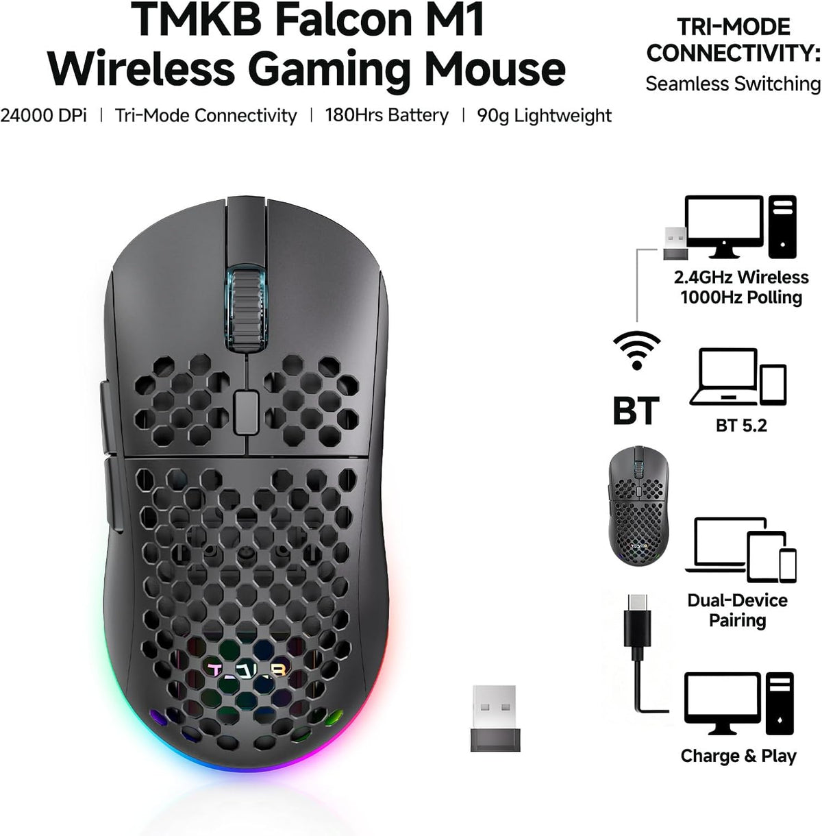 TMKB - Mouse inalámbrico para juegos, sensor óptico de 24000 DPI, b...