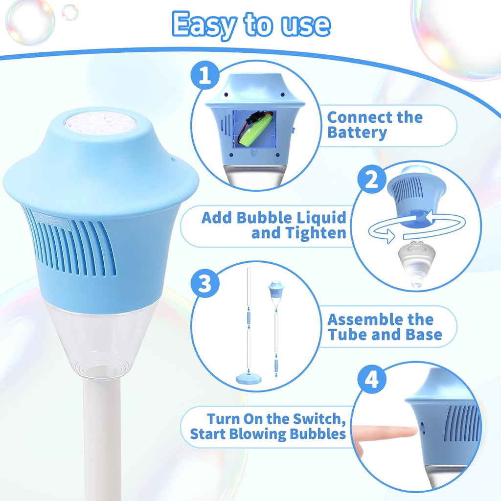 Máquina de burbujas para niños, máquina automática de hacer burbujas de pie, altura ajustable hasta 47 pulgadas, máquina de burbujas con batería para exteriores con luz/música para regalos de