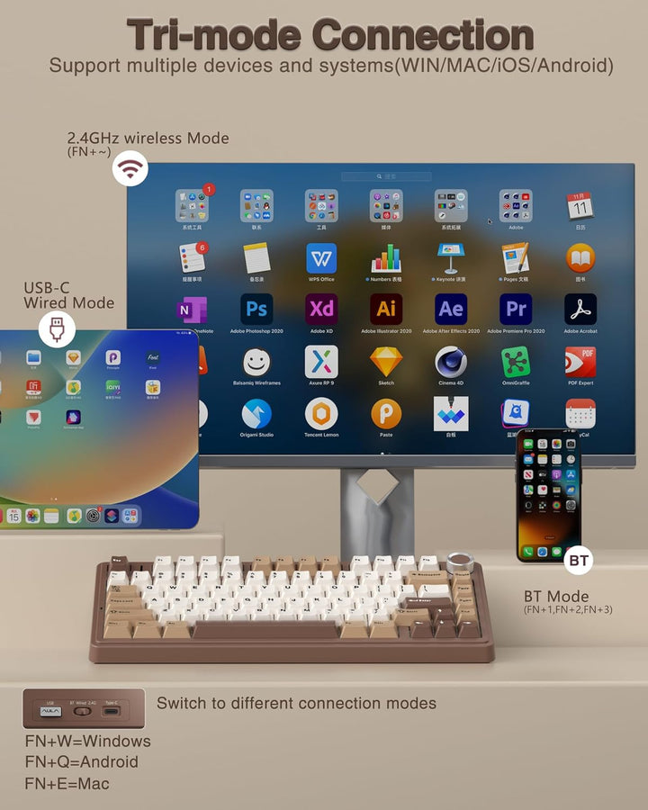 AULA Teclado mecánico inalámbrico F75 75%, teclado cremoso intercam...
