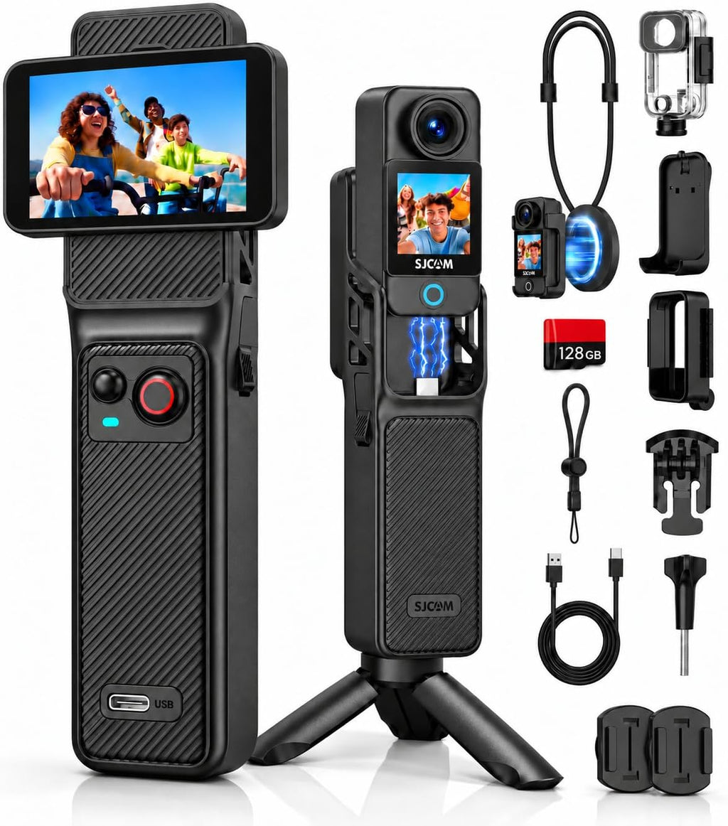 SJCAM C400 4K Vlogging Cámara con tarjeta de 128GB, batería 7H