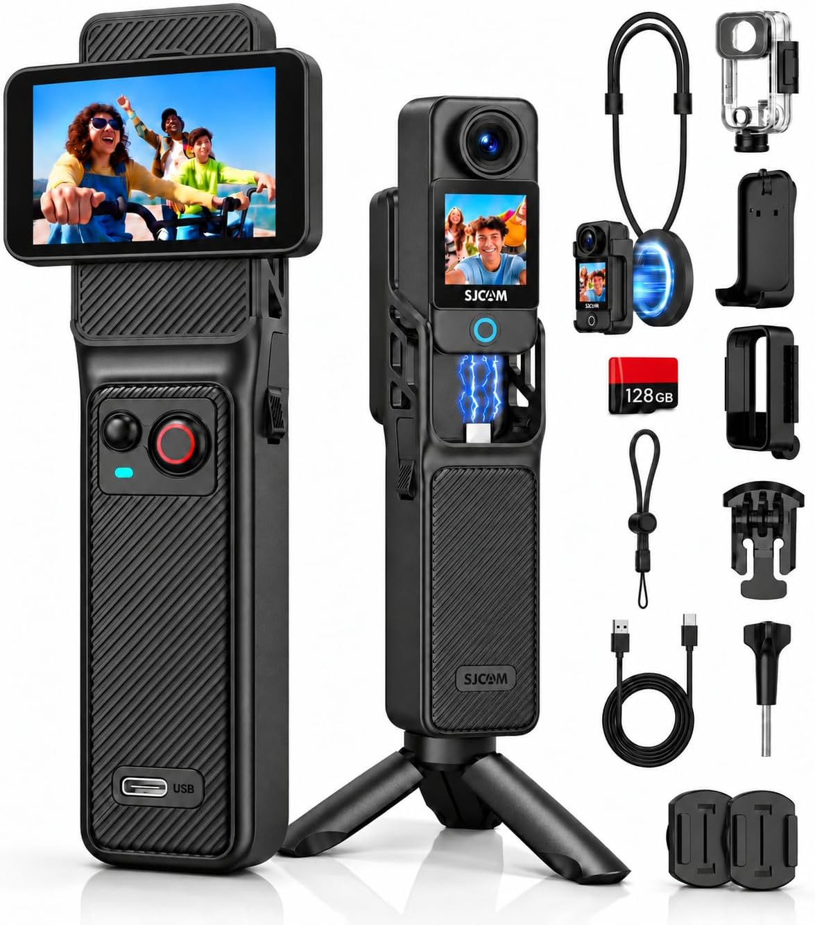 SJCAM C400 4K Vlogging Cámara con tarjeta de 128GB, batería 7H