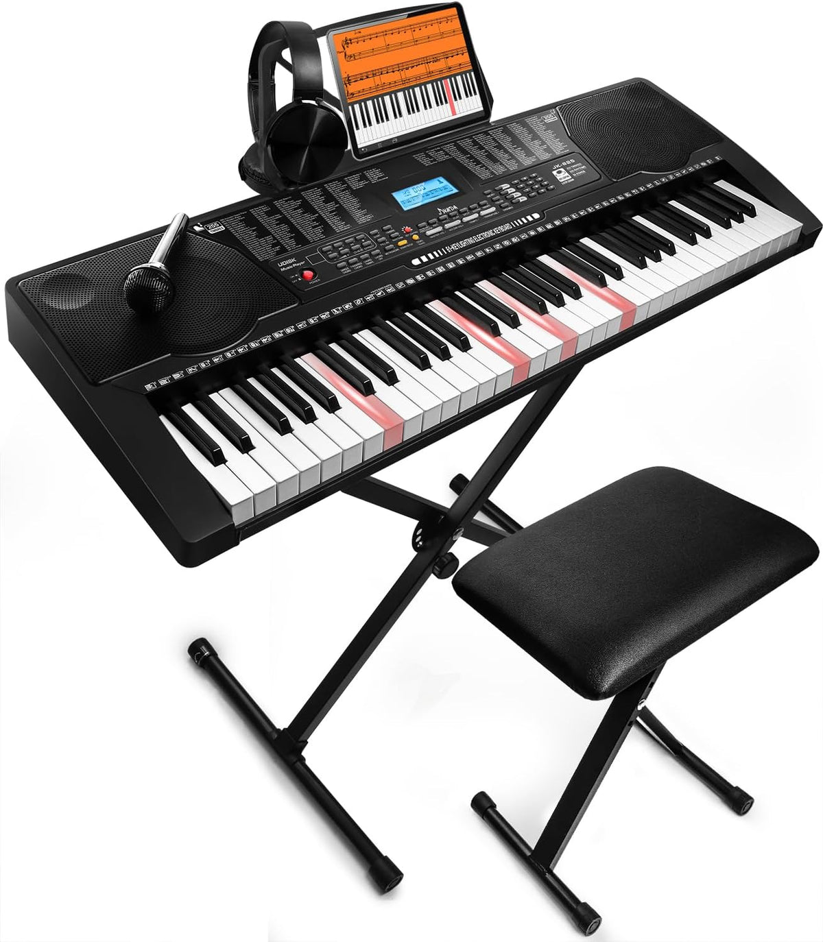 Teclado de piano electrónico portátil de 61 teclas con teclas iluminadas de tamaño completo, LCD, auriculares, soporte en X, taburete, atril para partituras, micrófono, adhesivos para notas, altavoces