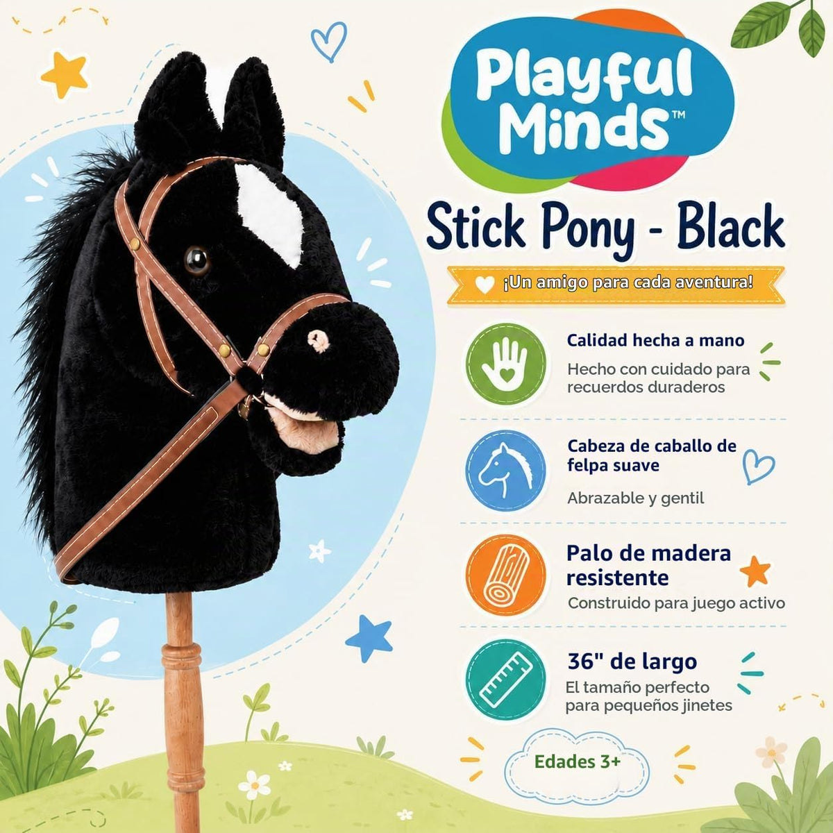 Nature Bound Caballo de palo | Caballo en un palo con efectos de sonido – Poni de peluche hecho a mano para niños pequeños y niños | Mango de madera resistente cosido a mano | Juguete de caballo de juego de simulación (negro)