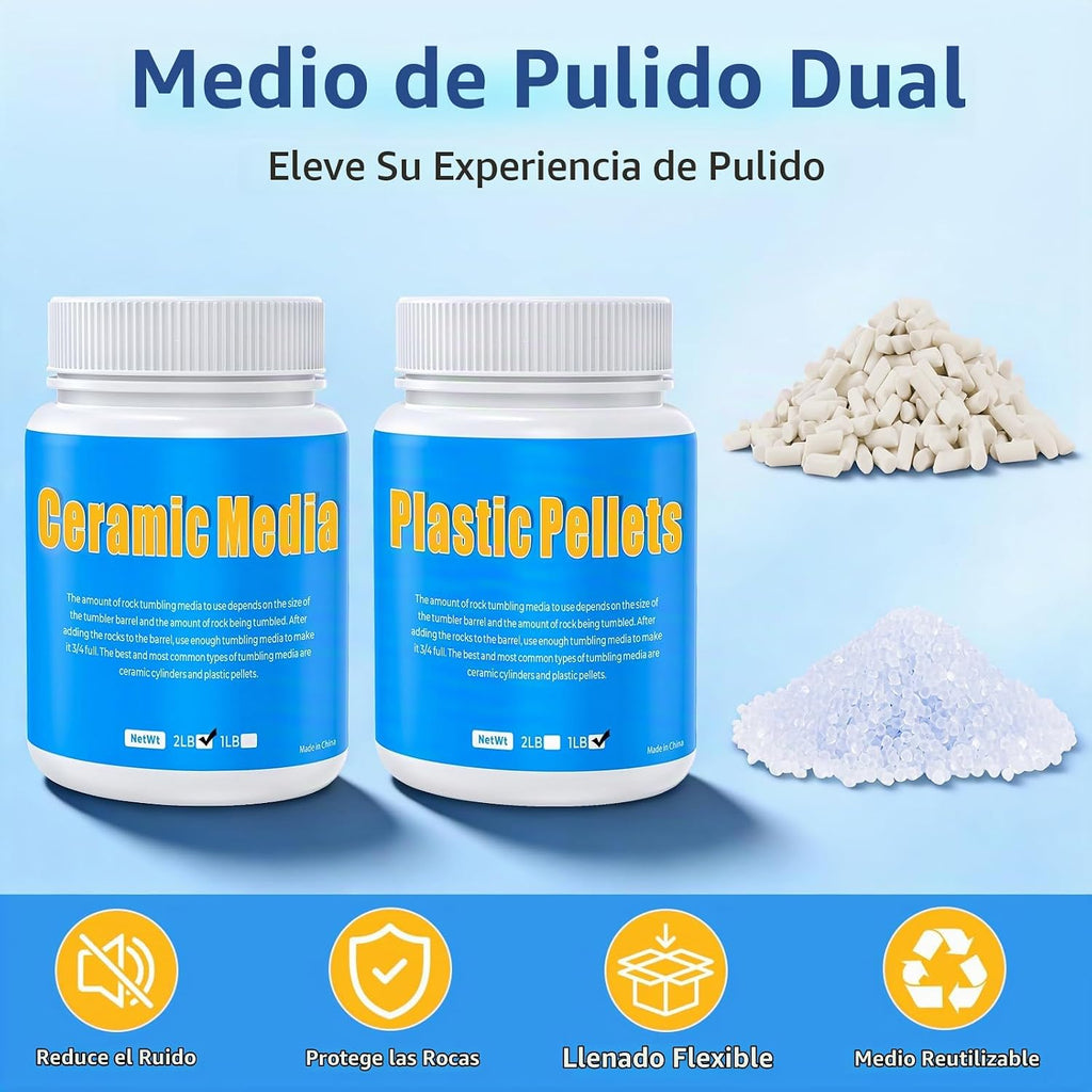 Kit de recambio de grano y pulido de grano grande de 10 libras, pulido de granos de 4 escalones, rocas de hasta 70 libras, medios de rotación doble (pellets de cerámica y plástico), ideal para