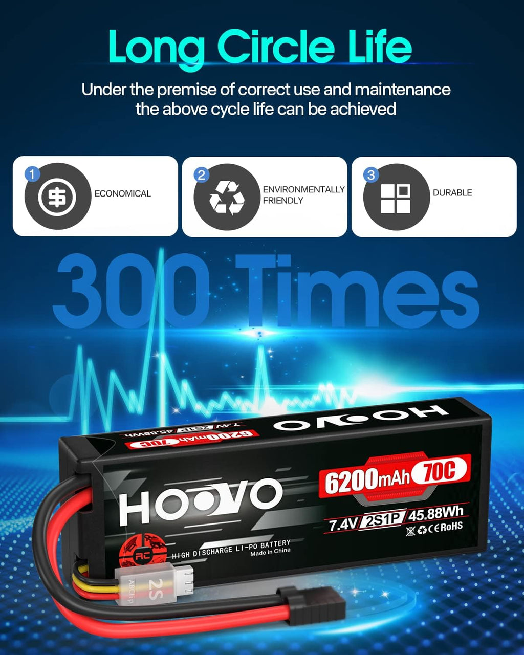 HOOVO 7.4V 70C 6200mAh 2S Lipo Batería Estuche Duro con Enchufe Tracxas (2