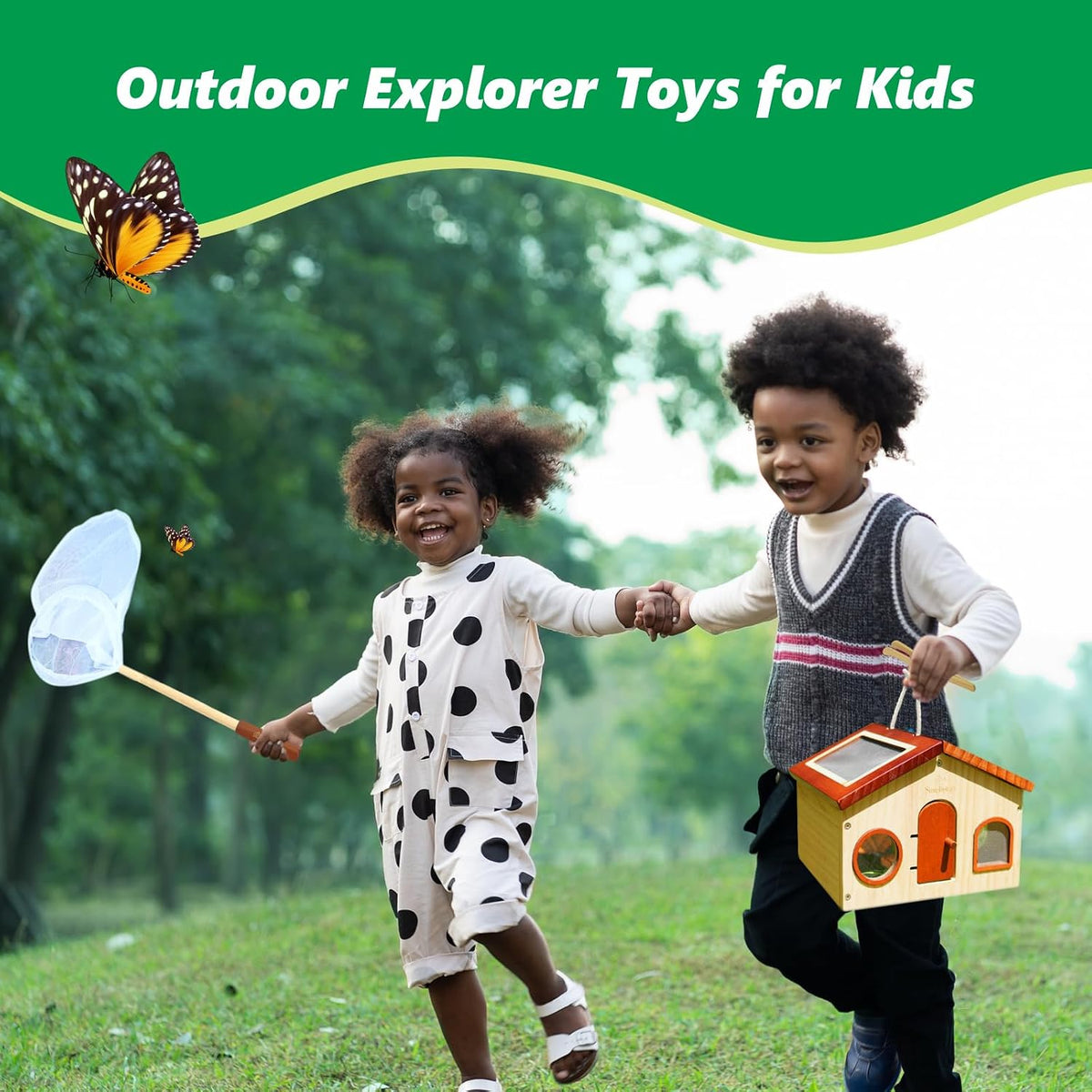 Kit explorador para niños y atrapa insectos para niños, juguetes al aire libre con gran hábitat de bichos de madera portátil, red de mariposa, lupa, taza de observación, 15 tarjetas de